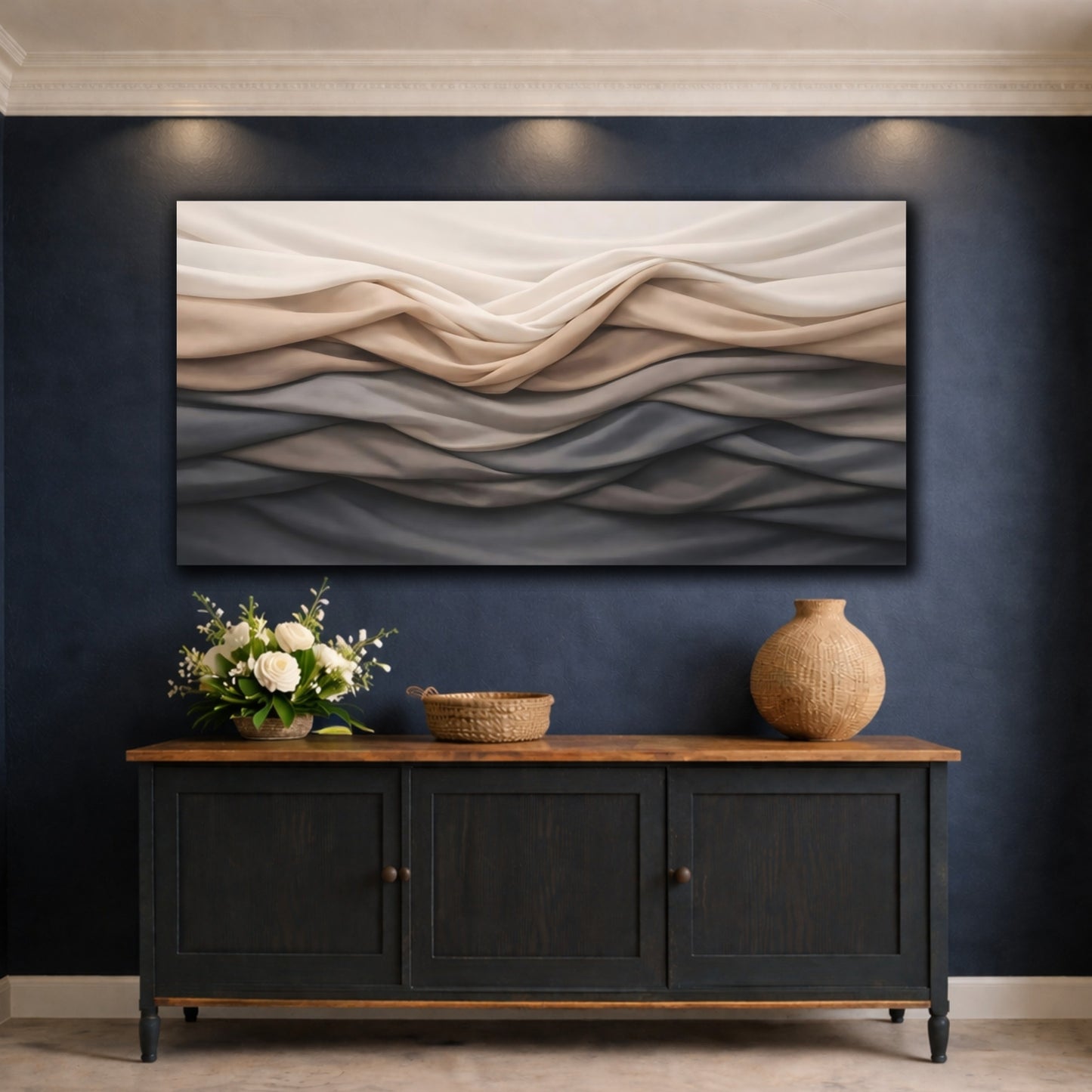 Mockup 4. Abstract Fabric Folds Beige Grey Gradient shown as stretched canvas wall art
