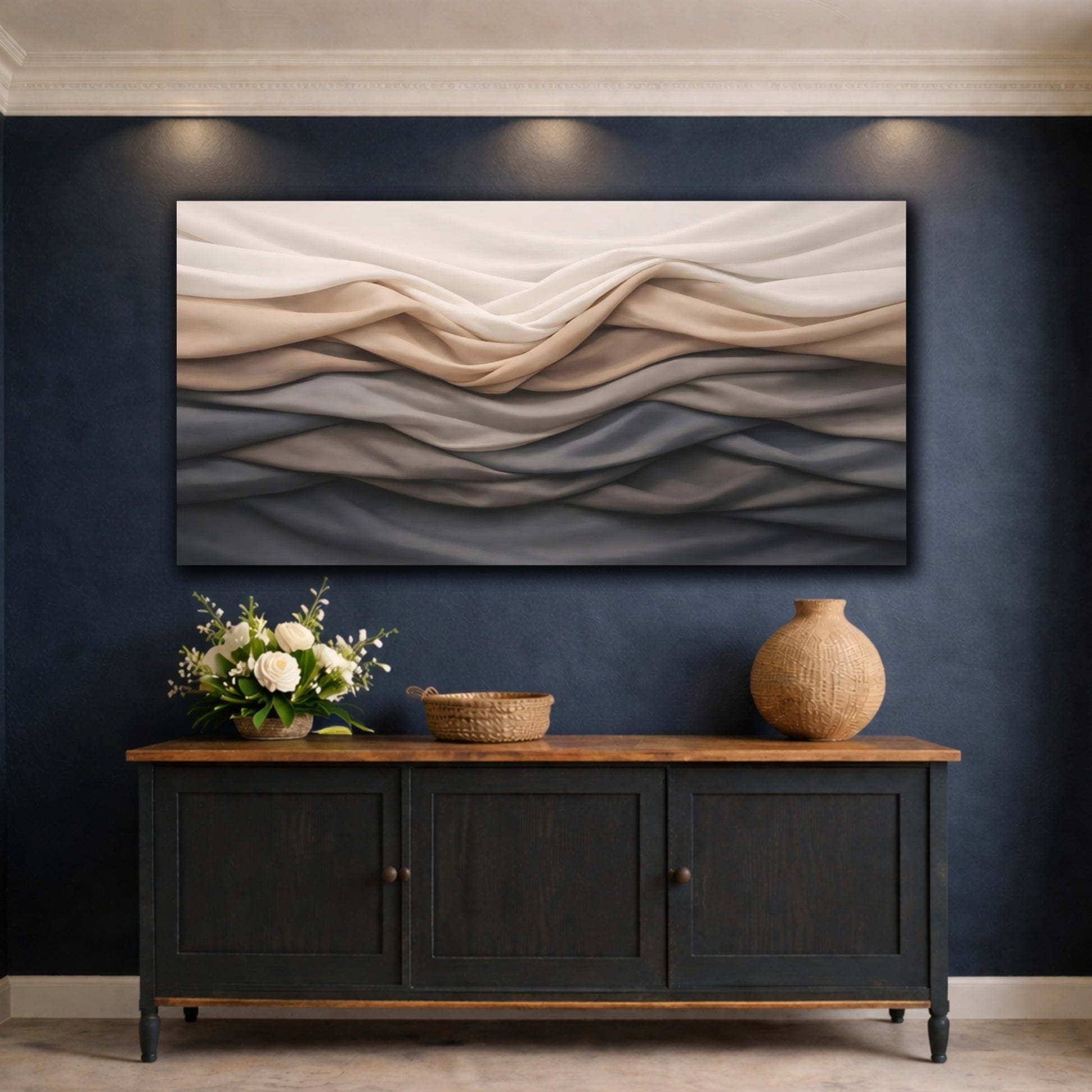Mockup 4. Abstract Fabric Folds Beige Grey Gradient shown as stretched canvas wall art