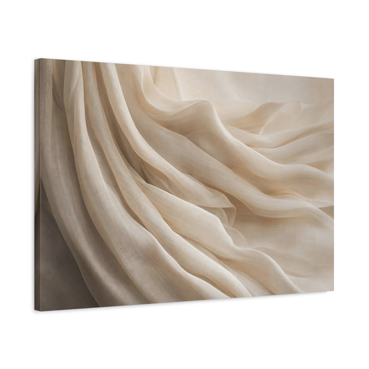 Side Mockup 2. Abstract Fabric Folds Cream Beige shown as stretched canvas wall art