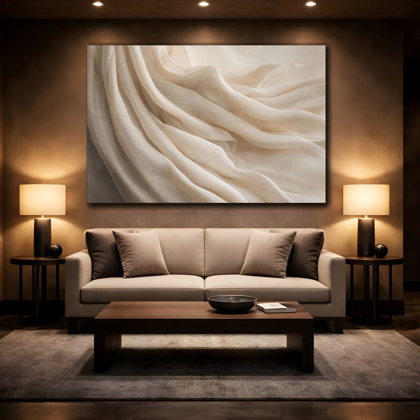 Mockup 2. Abstract Fabric Folds Cream Beige shown as stretched canvas wall art