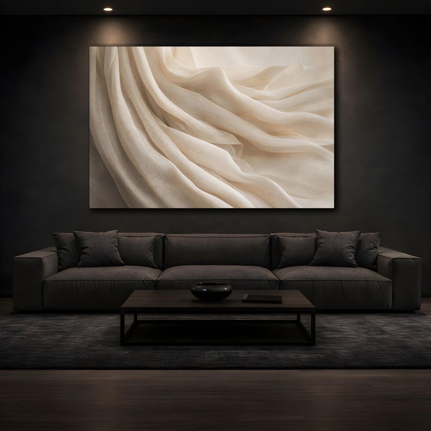 Mockup 3. Abstract Fabric Folds Cream Beige shown as stretched canvas wall art