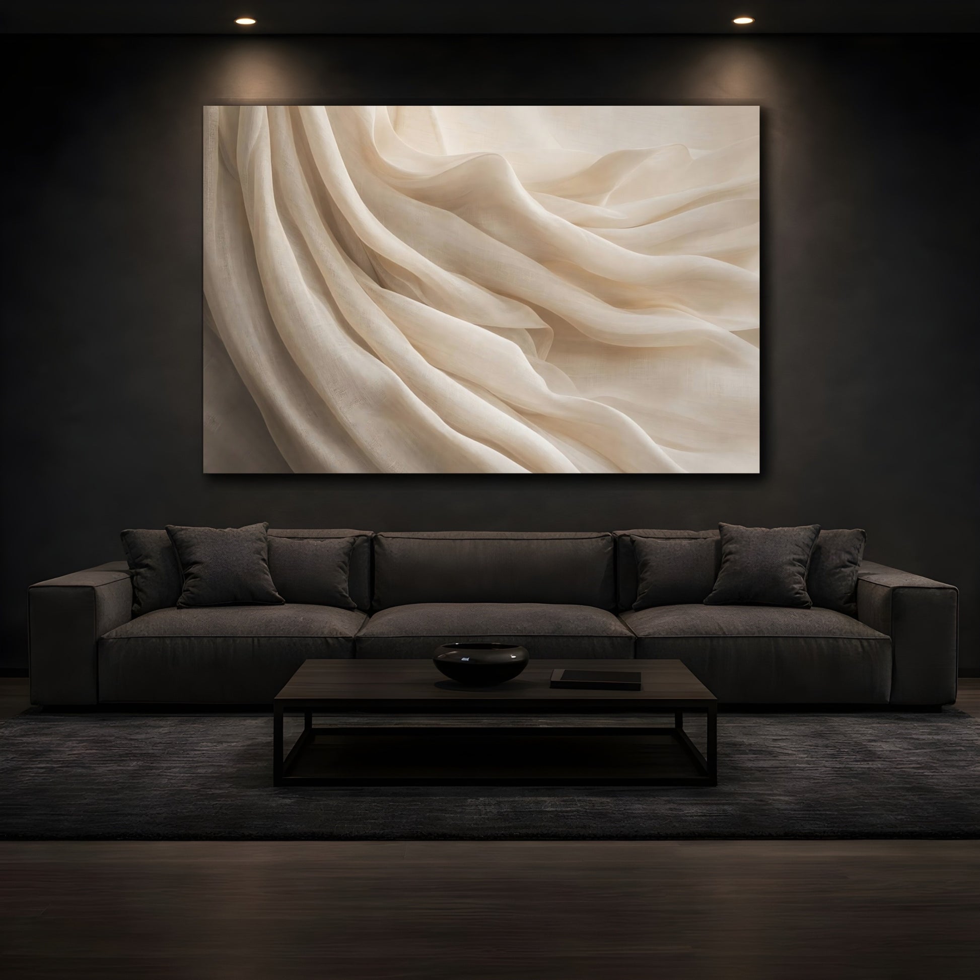 Mockup 3. Abstract Fabric Folds Cream Beige shown as stretched canvas wall art