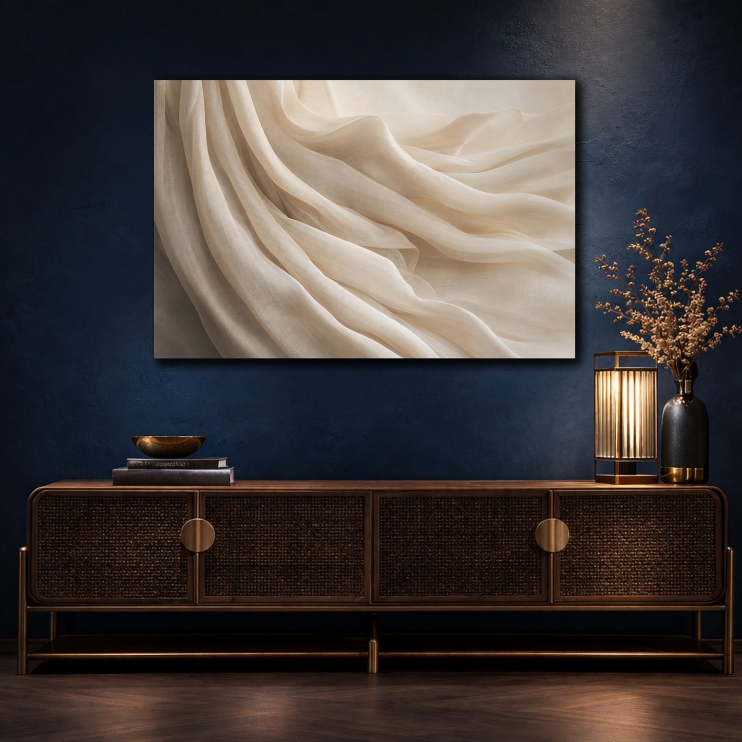 Mockup 4. Abstract Fabric Folds Cream Beige shown as stretched canvas wall art