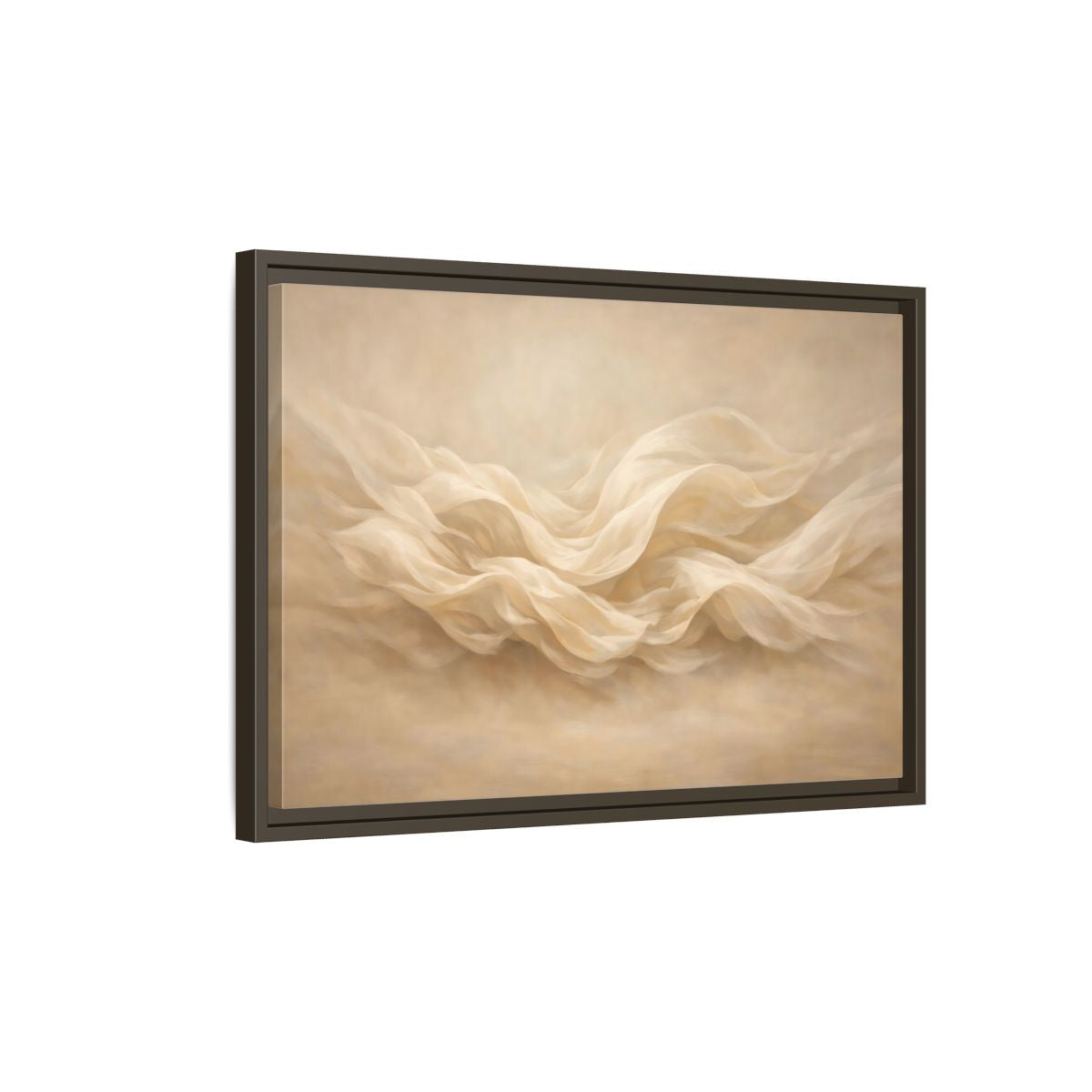 Side Mockup 2. Abstract Fabric Waves Cream And Beige shown as stretched canvas wall art
