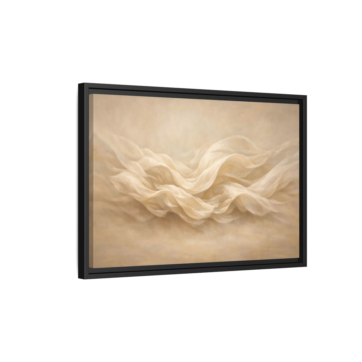 Side Mockup 3. Abstract Fabric Waves Cream And Beige shown as stretched canvas wall art