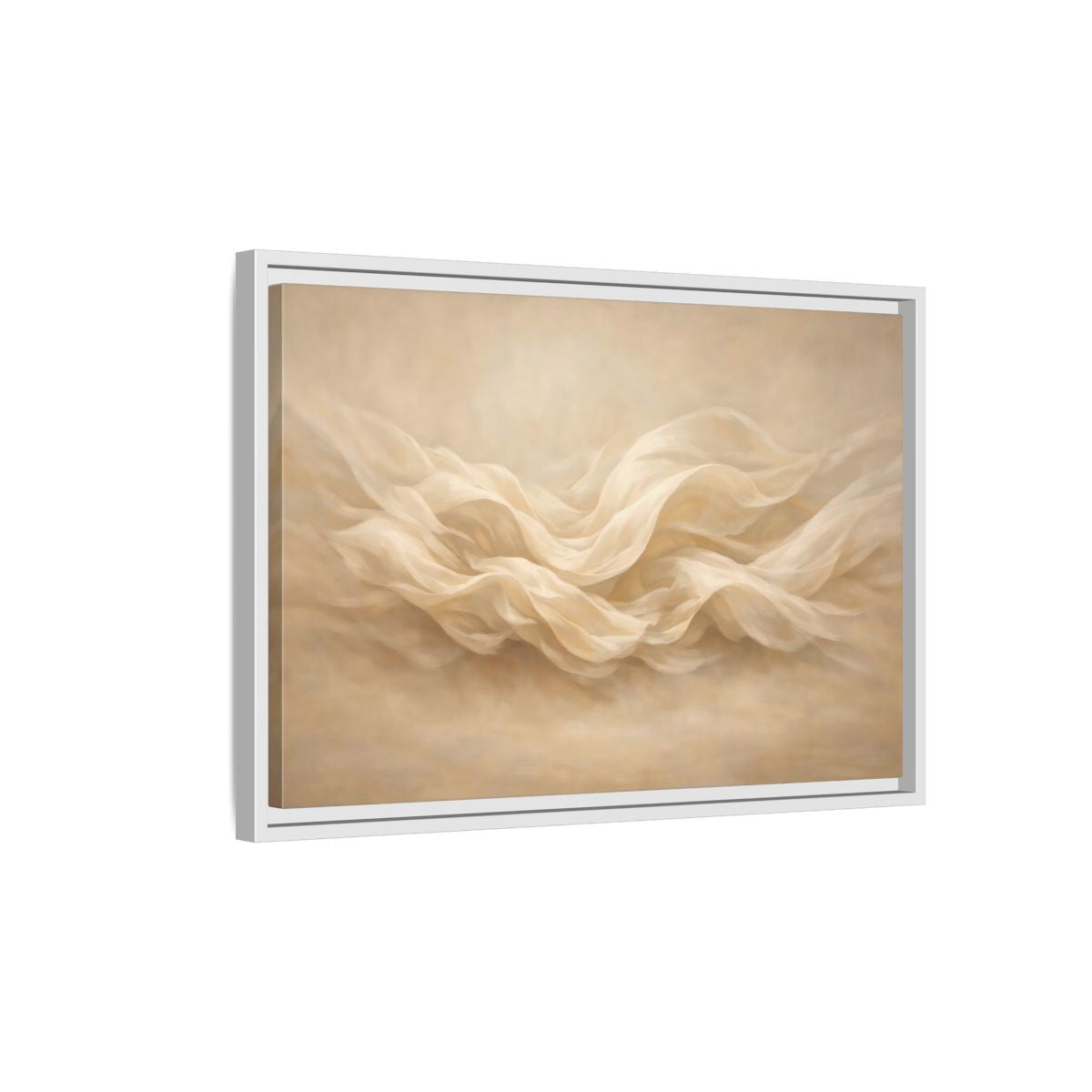 Side Mockup 1. Abstract Fabric Waves Cream And Beige shown as stretched canvas wall art