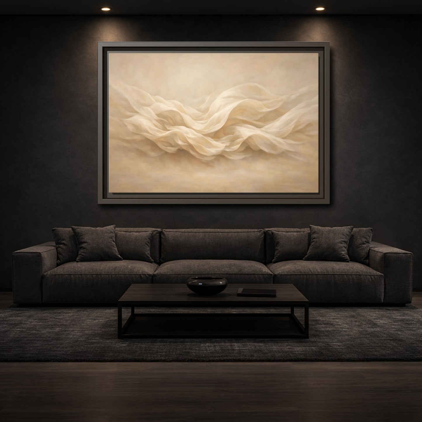 Mockup 2. Abstract Fabric Waves Cream And Beige shown as stretched canvas wall art