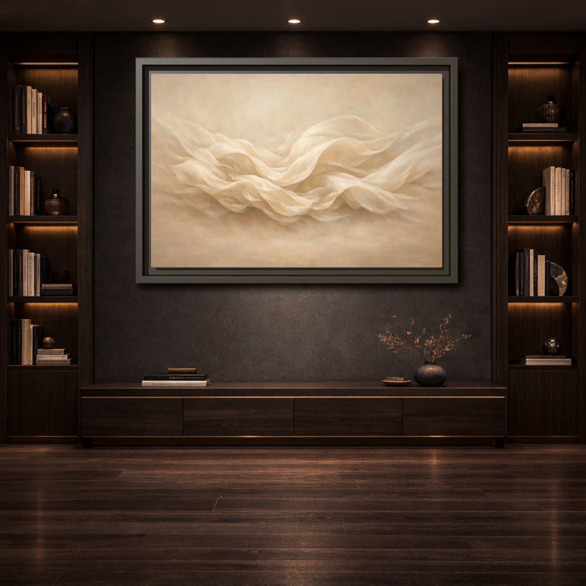 Mockup 3. Abstract Fabric Waves Cream And Beige shown as stretched canvas wall art