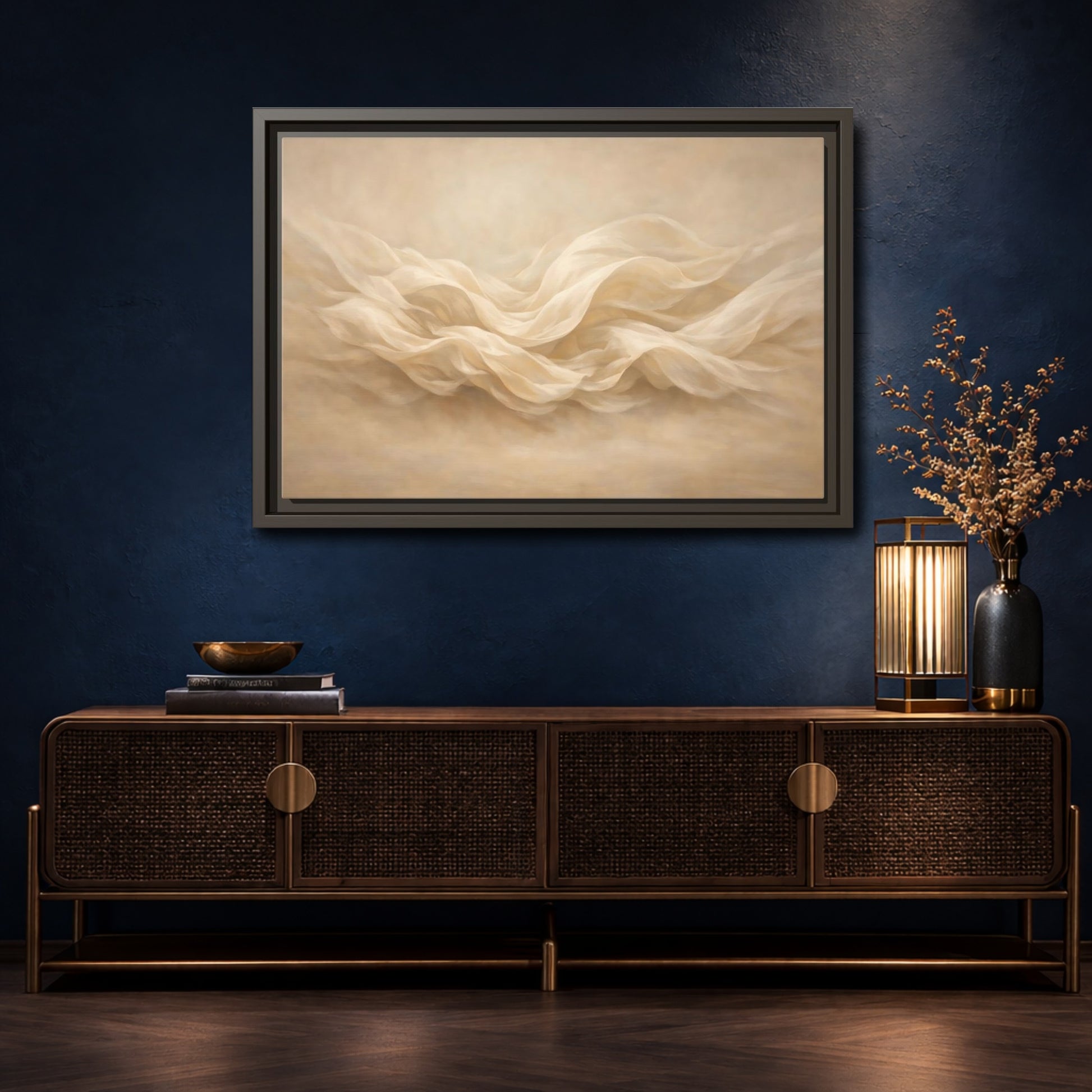 Mockup 4. Abstract Fabric Waves Cream And Beige shown as stretched canvas wall art