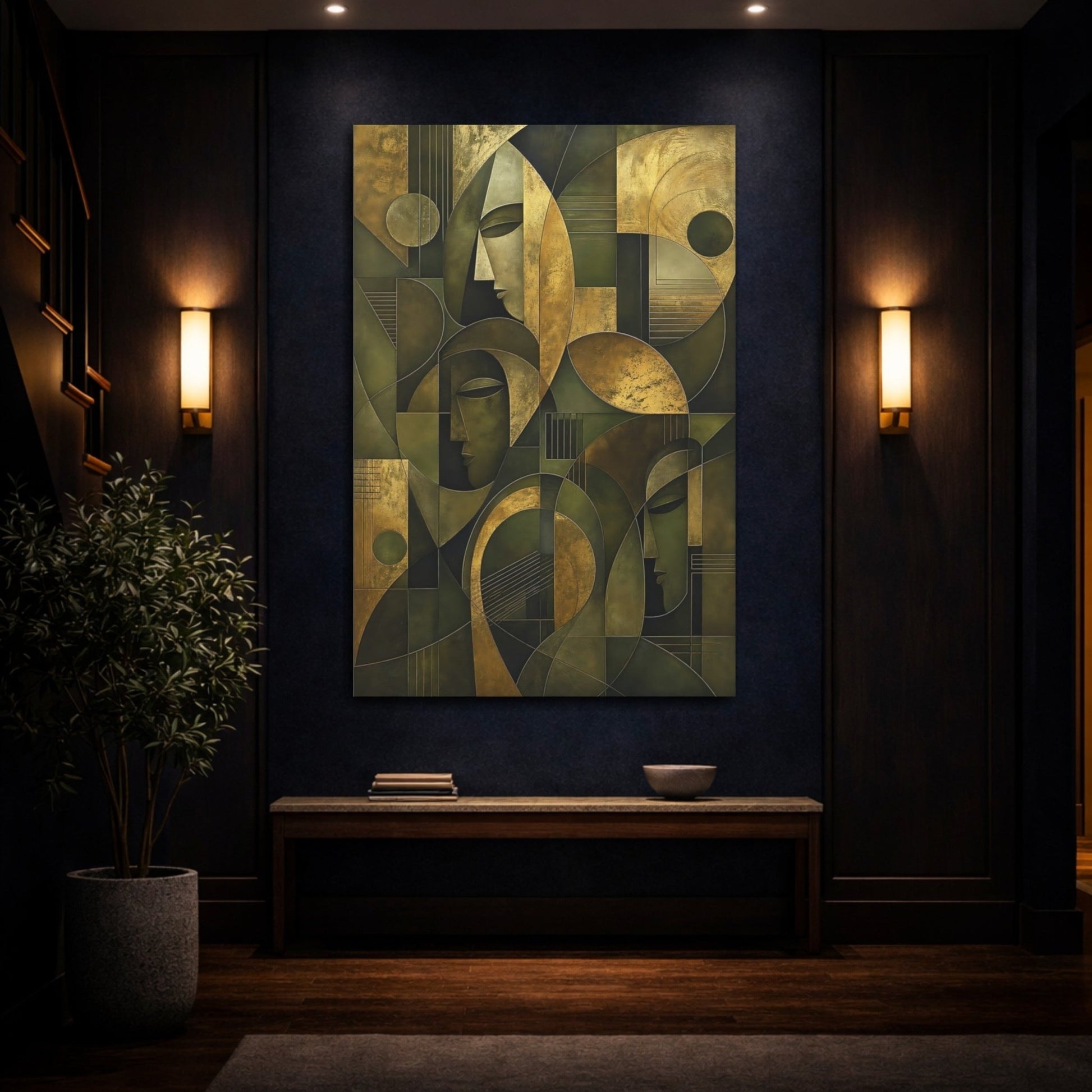 Abstract Faces Gold And Green Canvas Print – Cubist Decor for Living Room, Above Console Table - YesArtYes