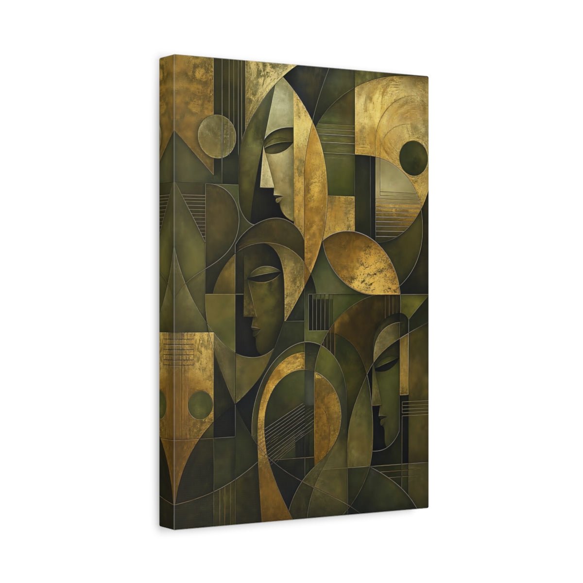 Abstract Faces Gold And Green Canvas Print – Cubist Decor for Living Room, Above Console Table - YesArtYes