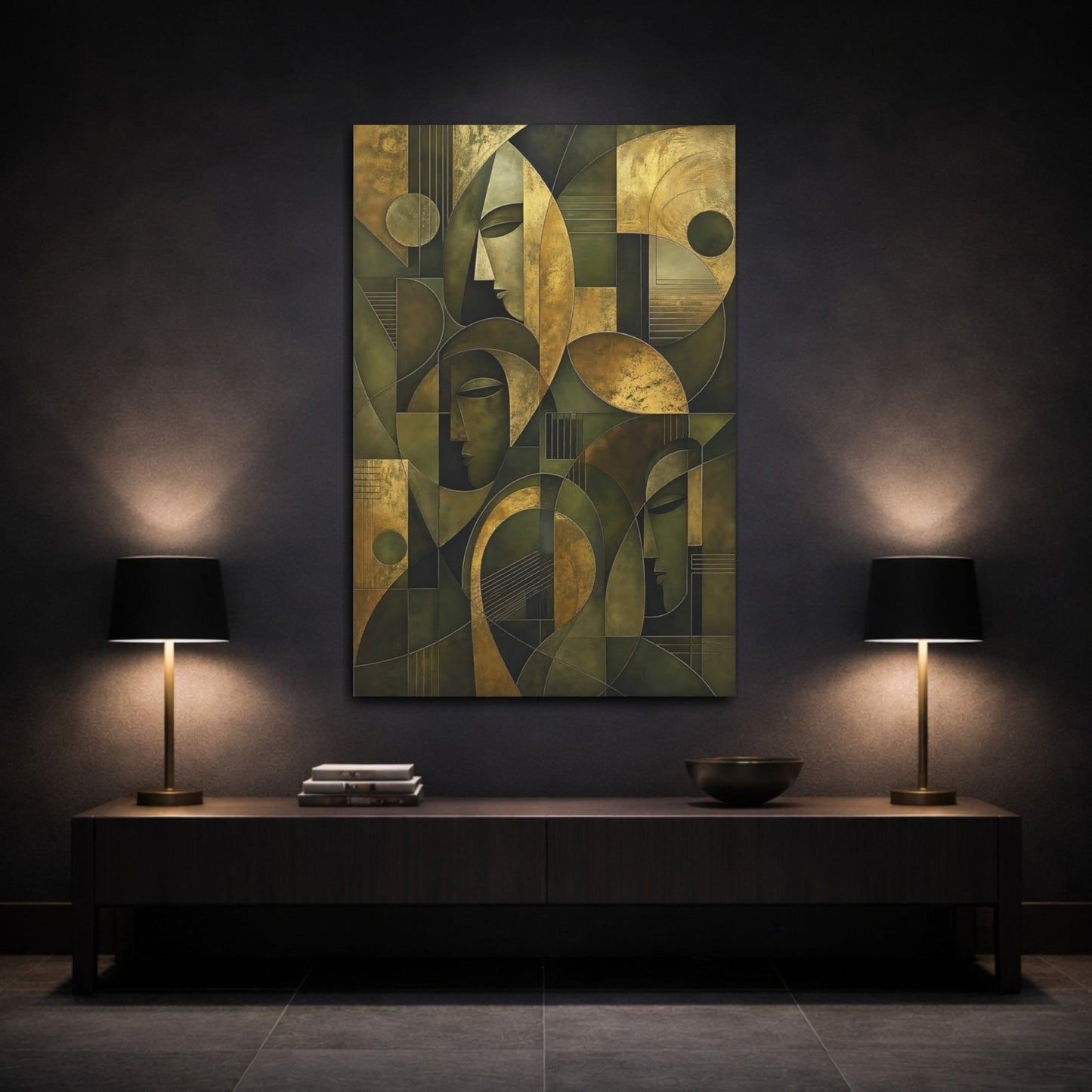 Abstract Faces Gold And Green Canvas Print – Cubist Decor for Living Room, Above Console Table - YesArtYes
