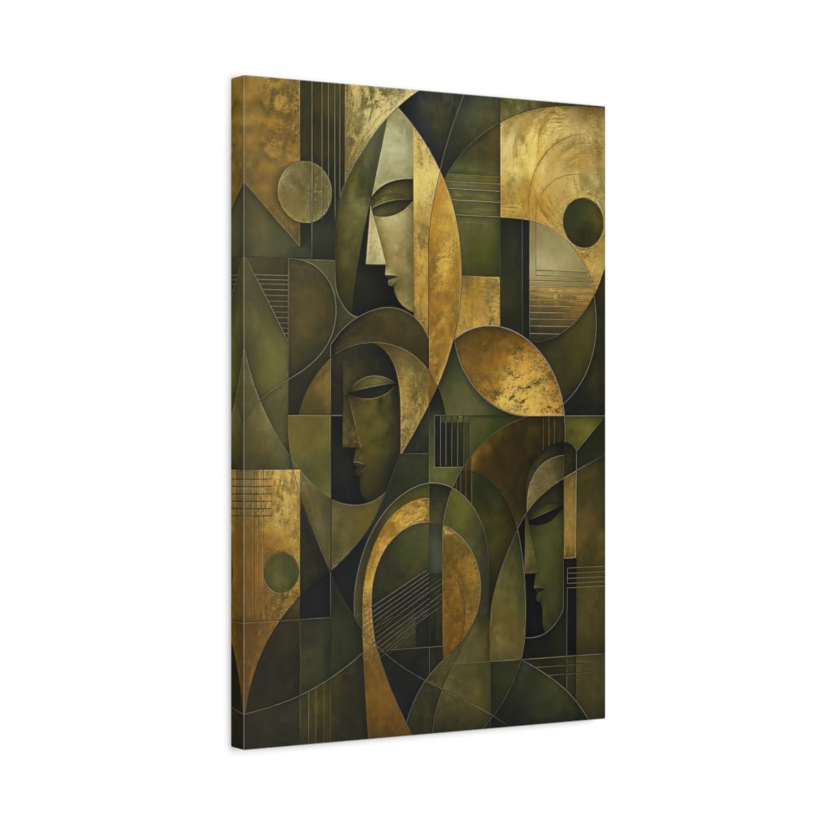 Abstract Faces Gold And Green Canvas Print – Cubist Decor for Living Room, Above Console Table - YesArtYes