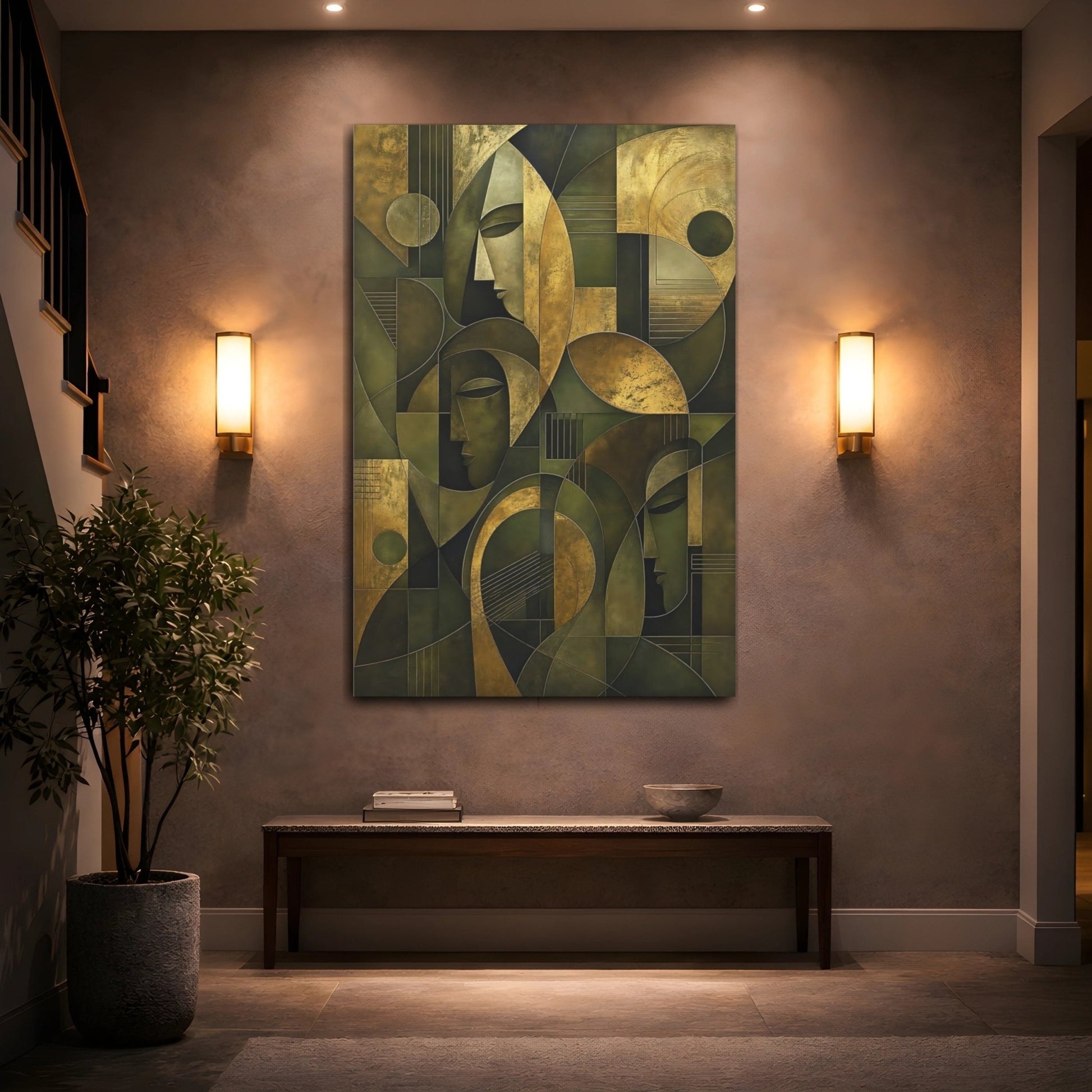 Abstract Faces Gold And Green Canvas Print – Cubist Decor for Living Room, Above Console Table - YesArtYes