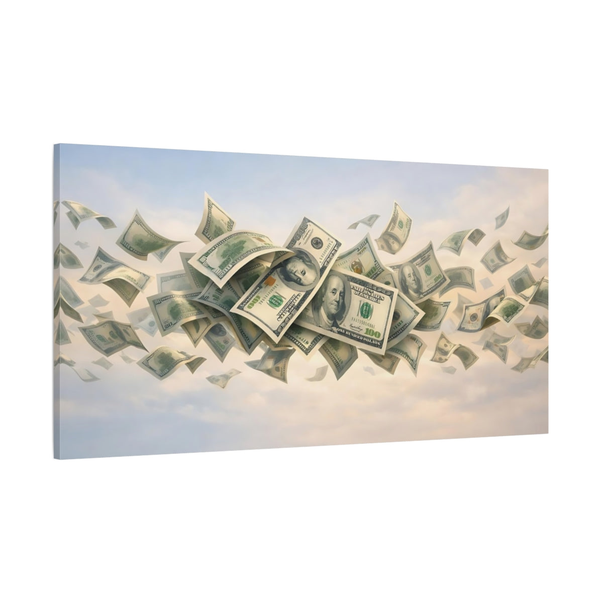 Main Mockup. Abstract Falling Money Money Blue Sky shown as stretched canvas wall art