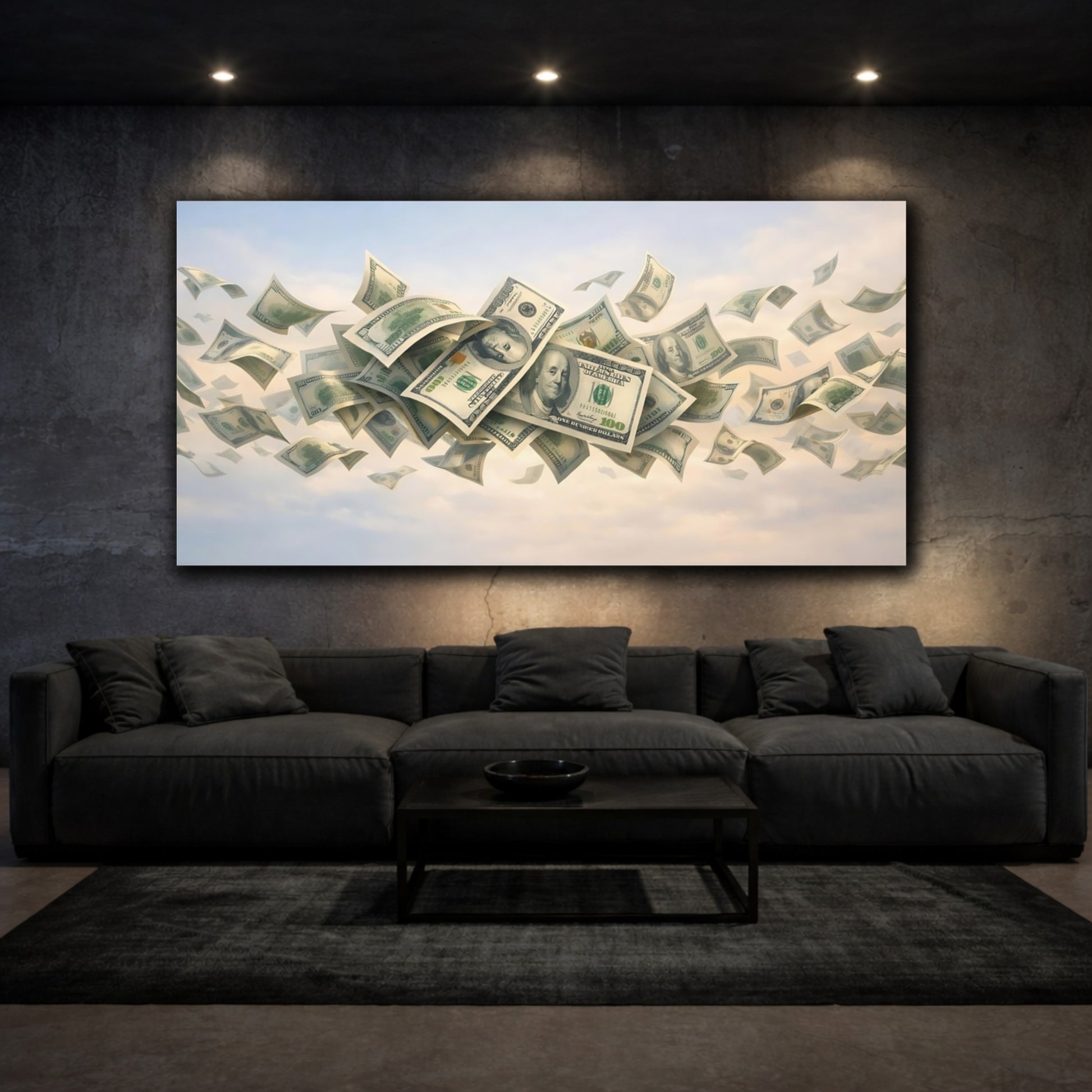 Mockup 2. Abstract Falling Money Money Blue Sky shown as stretched canvas wall art