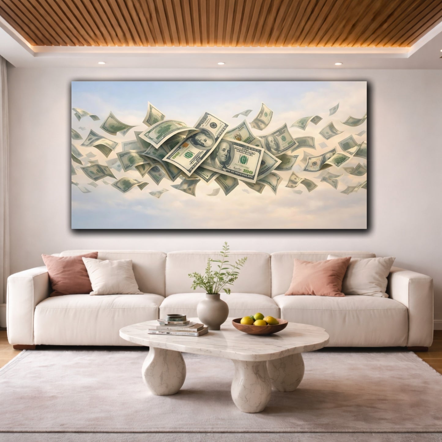 Mockup 3. Abstract Falling Money Money Blue Sky shown as stretched canvas wall art