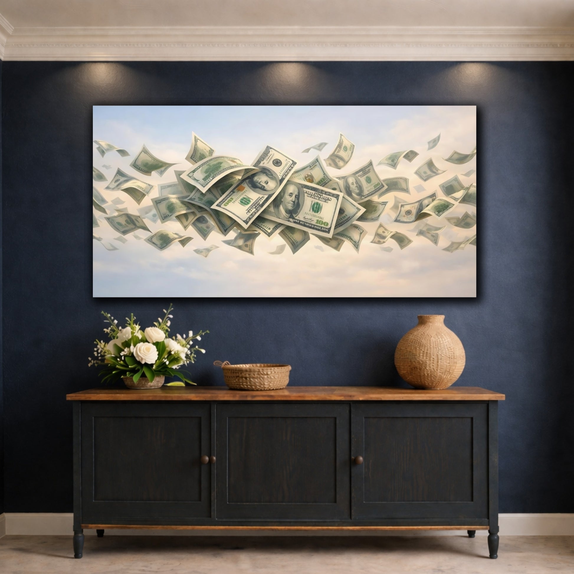 Mockup 4. Abstract Falling Money Money Blue Sky shown as stretched canvas wall art