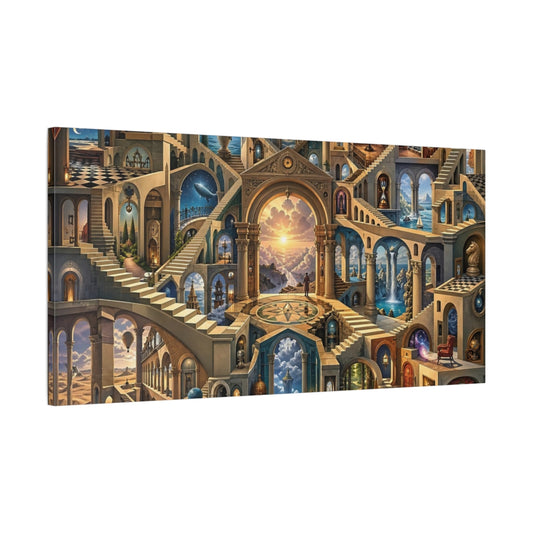 Main Mockup. Abstract Fantasy Architecture Blue And Gold shown as stretched canvas wall art