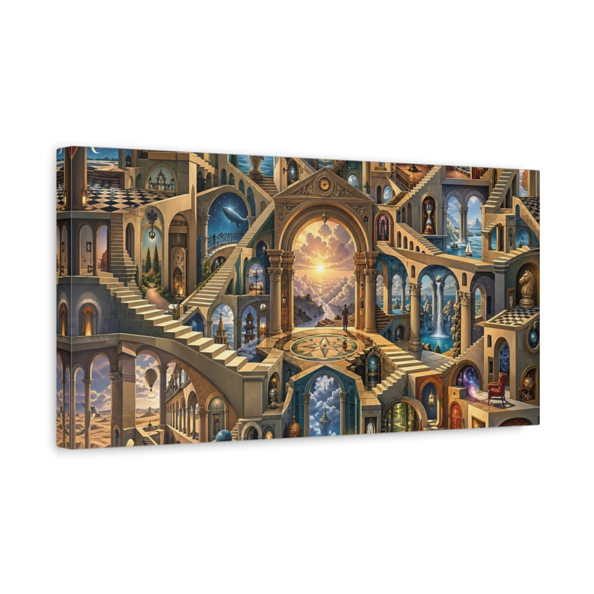 Side Mockup 3. Abstract Fantasy Architecture Blue And Gold shown as stretched canvas wall art