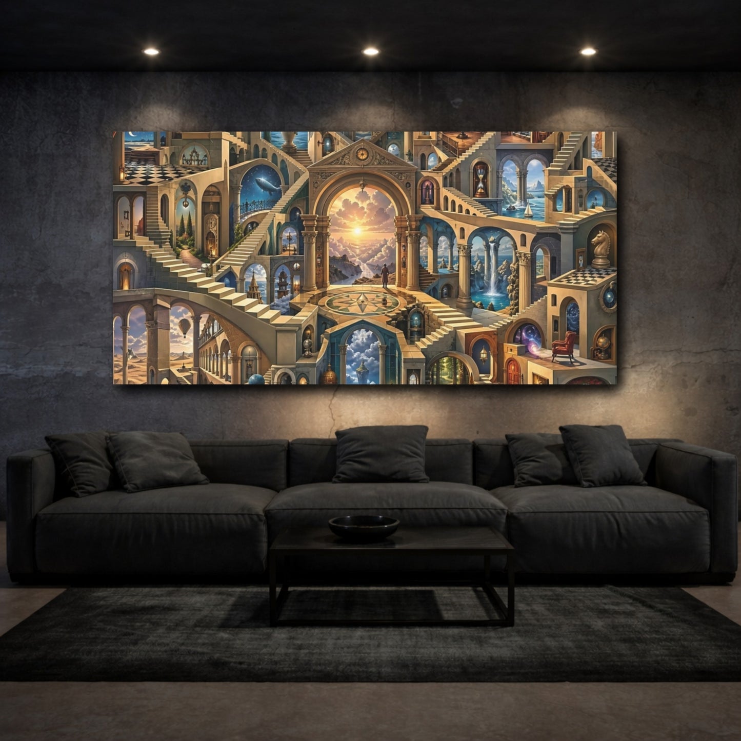 Mockup 2. Abstract Fantasy Architecture Blue And Gold shown as stretched canvas wall art