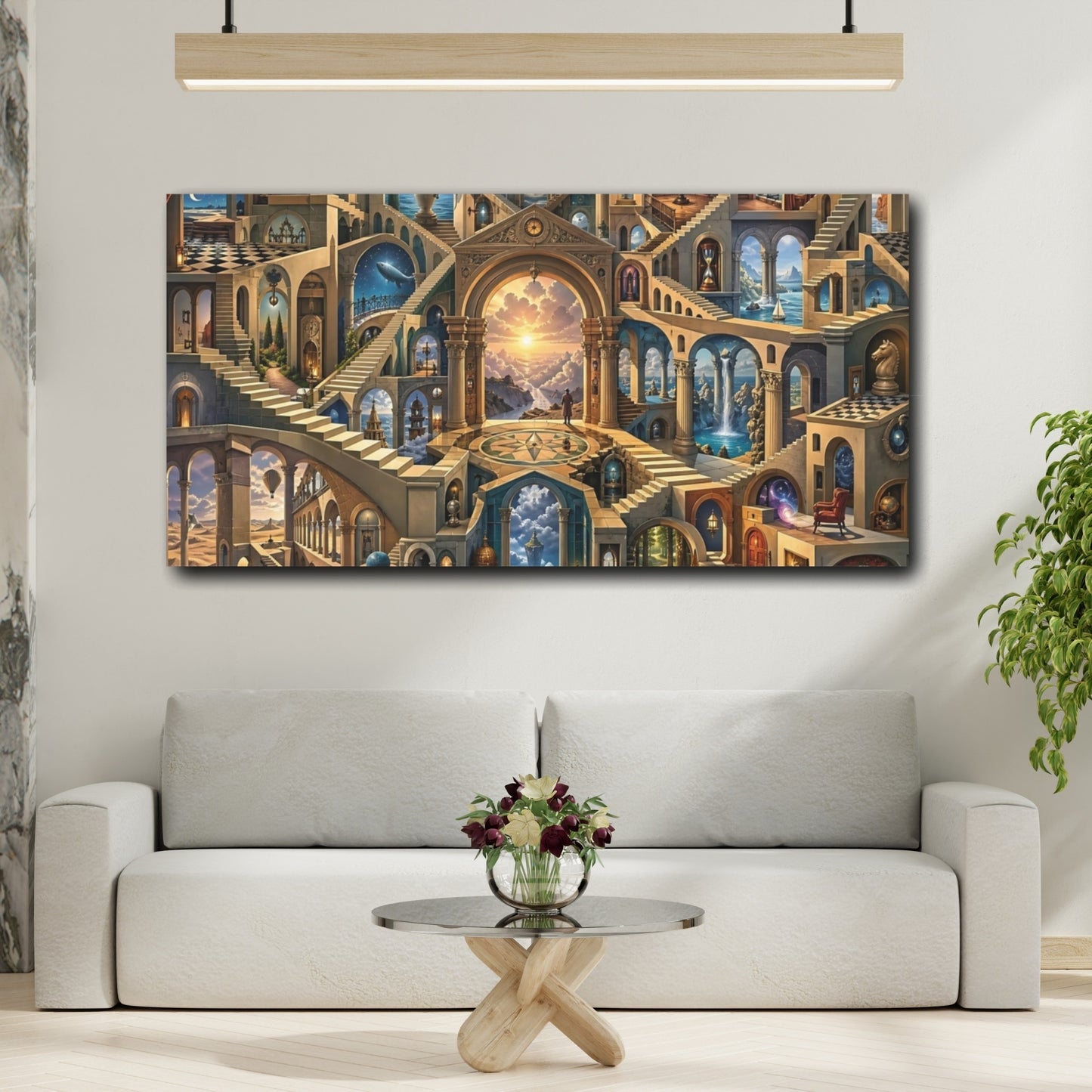 Mockup 3. Abstract Fantasy Architecture Blue And Gold shown as stretched canvas wall art