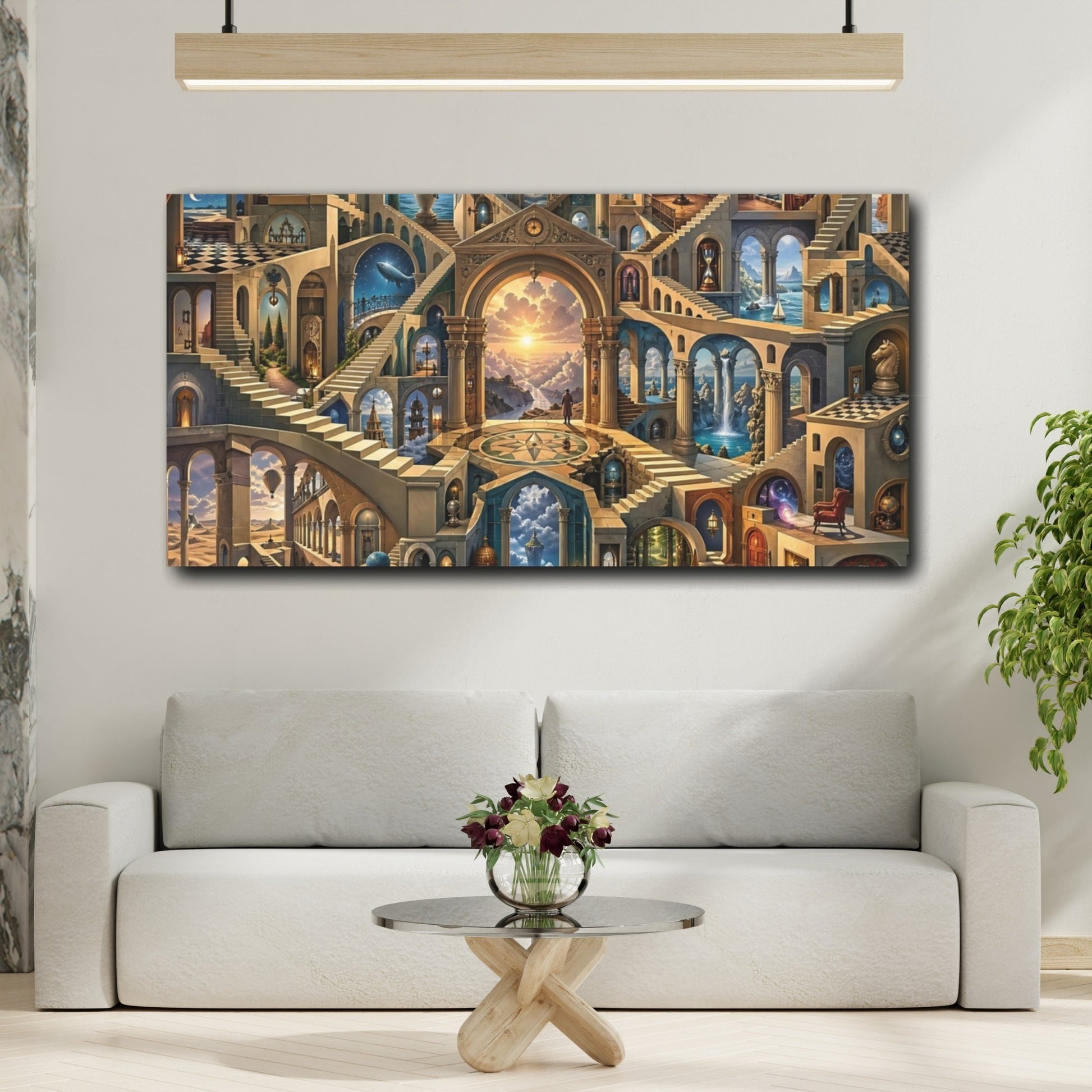 Mockup 3. Abstract Fantasy Architecture Blue And Gold shown as stretched canvas wall art