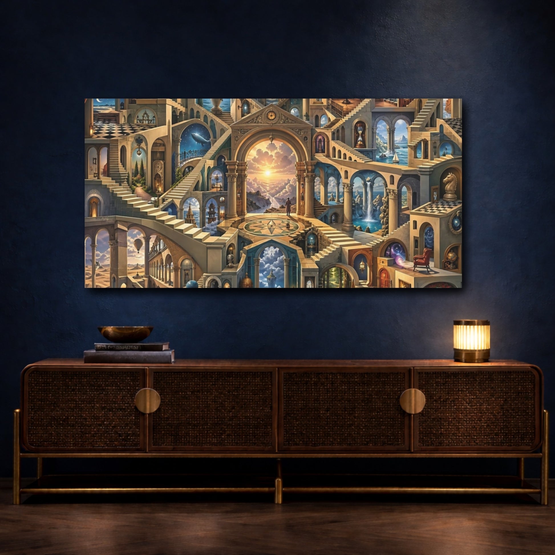 Mockup 4. Abstract Fantasy Architecture Blue And Gold shown as stretched canvas wall art