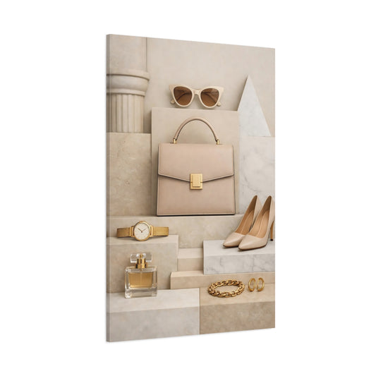 Abstract Fashion Accessories Neutral Tones Fashion shown as stretched canvas wall art