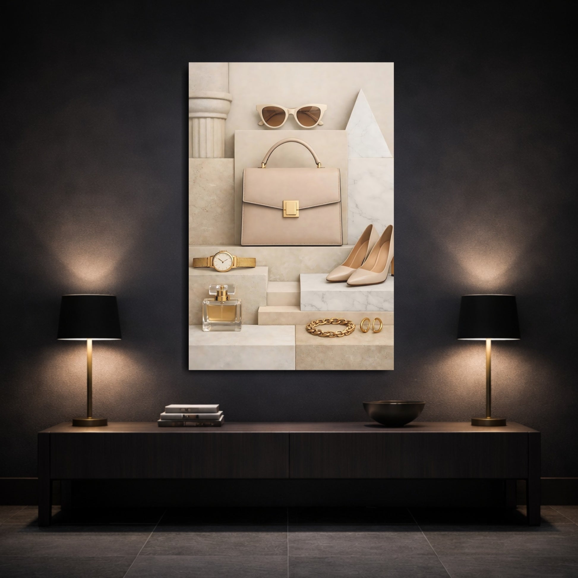Abstract Fashion Accessories Neutral Tones Fashion shown as front canvas room wall art
