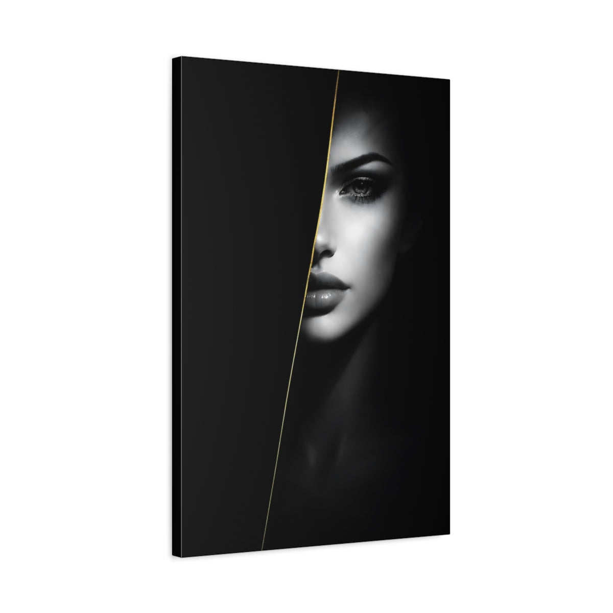 Side Mockup 2. Abstract Female Face Monochrome Woman Gold shown as stretched canvas wall art