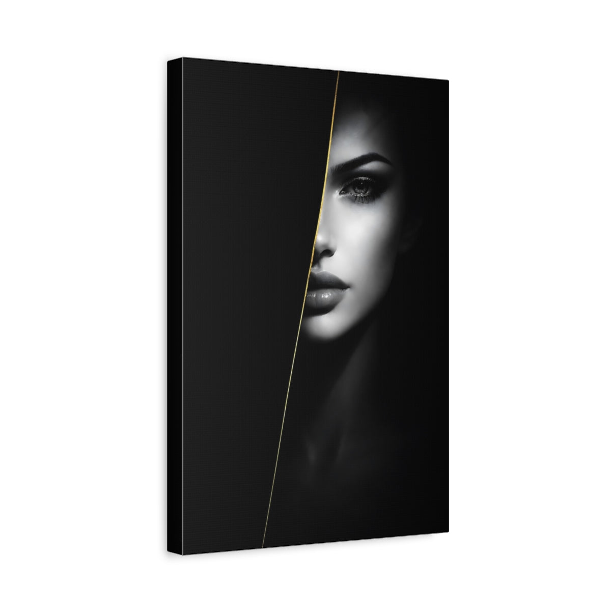Side Mockup 4. Abstract Female Face Monochrome Woman Gold shown as stretched canvas wall art