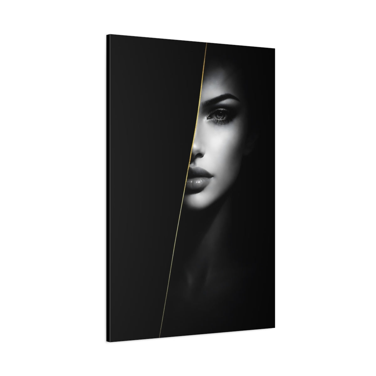 Main Mockup. Abstract Female Face Monochrome Woman Gold shown as stretched canvas wall art