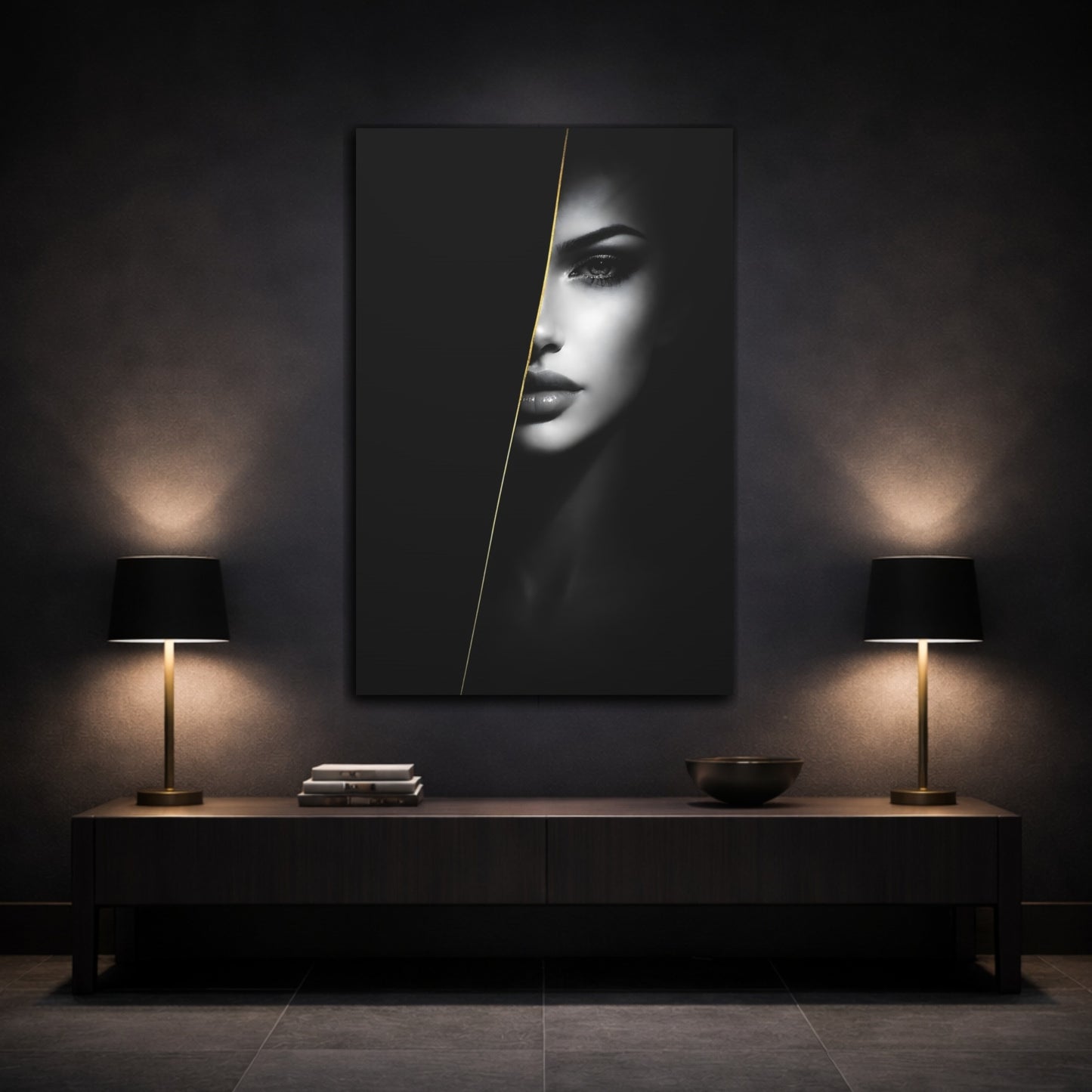 Mockup 2. Abstract Female Face Monochrome Woman Gold shown as stretched canvas wall art
