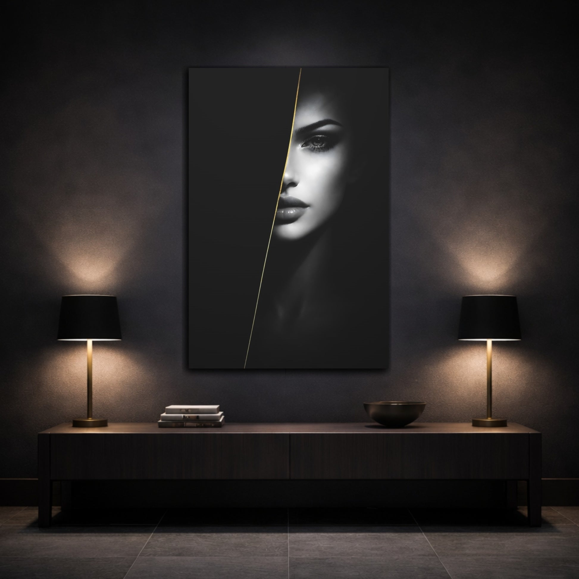 Mockup 2. Abstract Female Face Monochrome Woman Gold shown as stretched canvas wall art