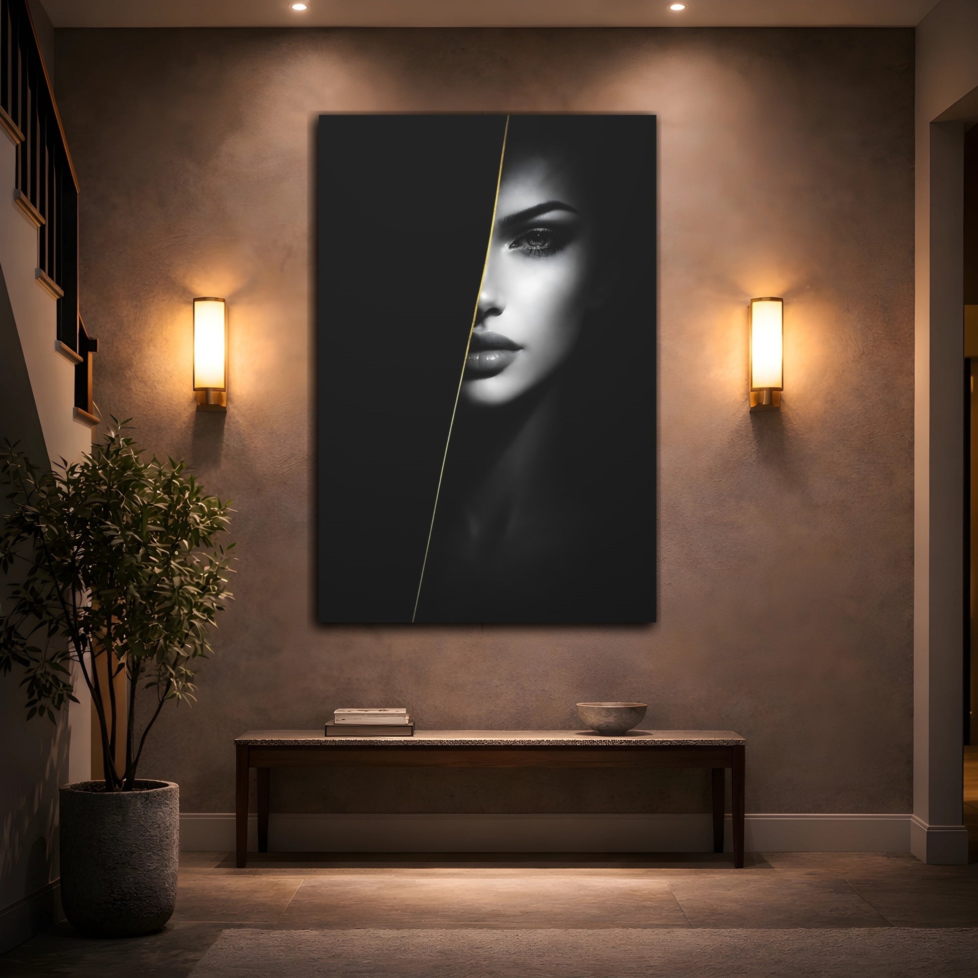 Mockup 3. Abstract Female Face Monochrome Woman Gold shown as stretched canvas wall art