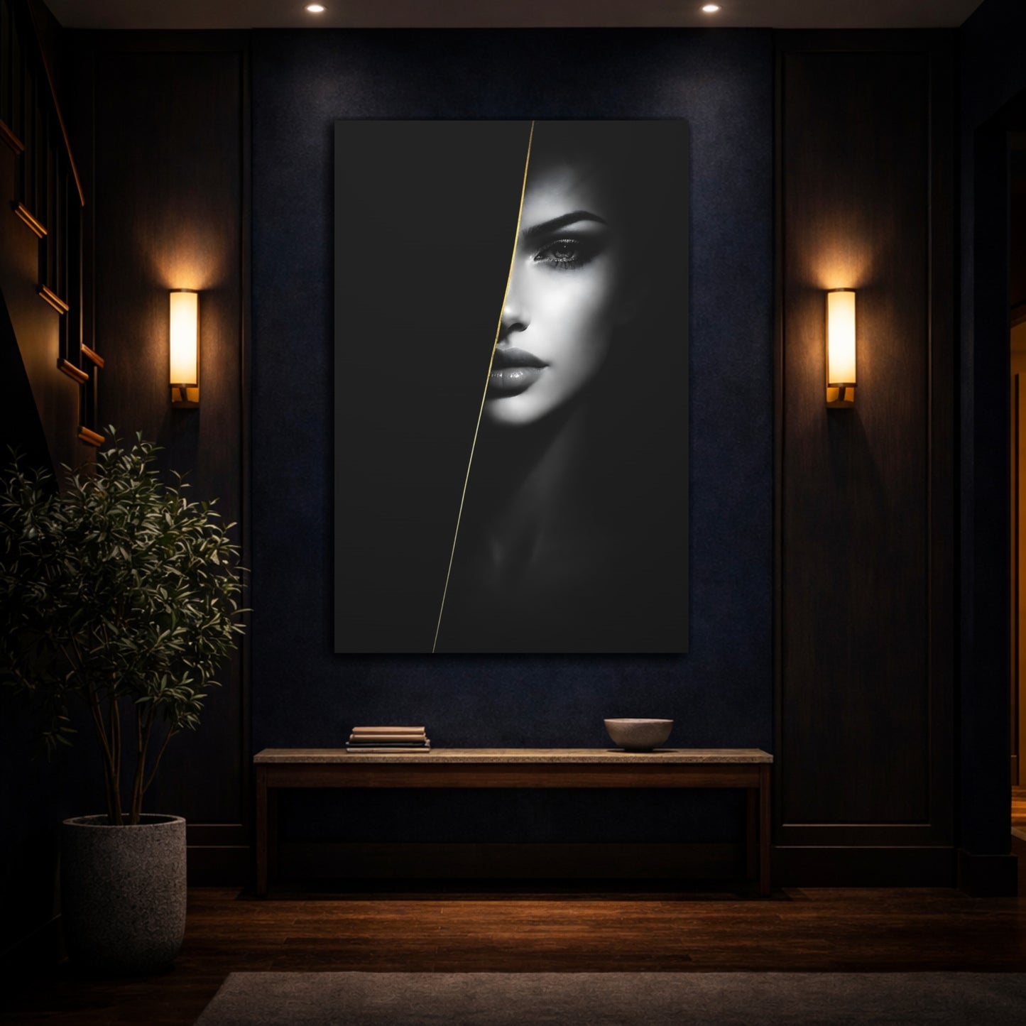 Mockup 4. Abstract Female Face Monochrome Woman Gold shown as stretched canvas wall art