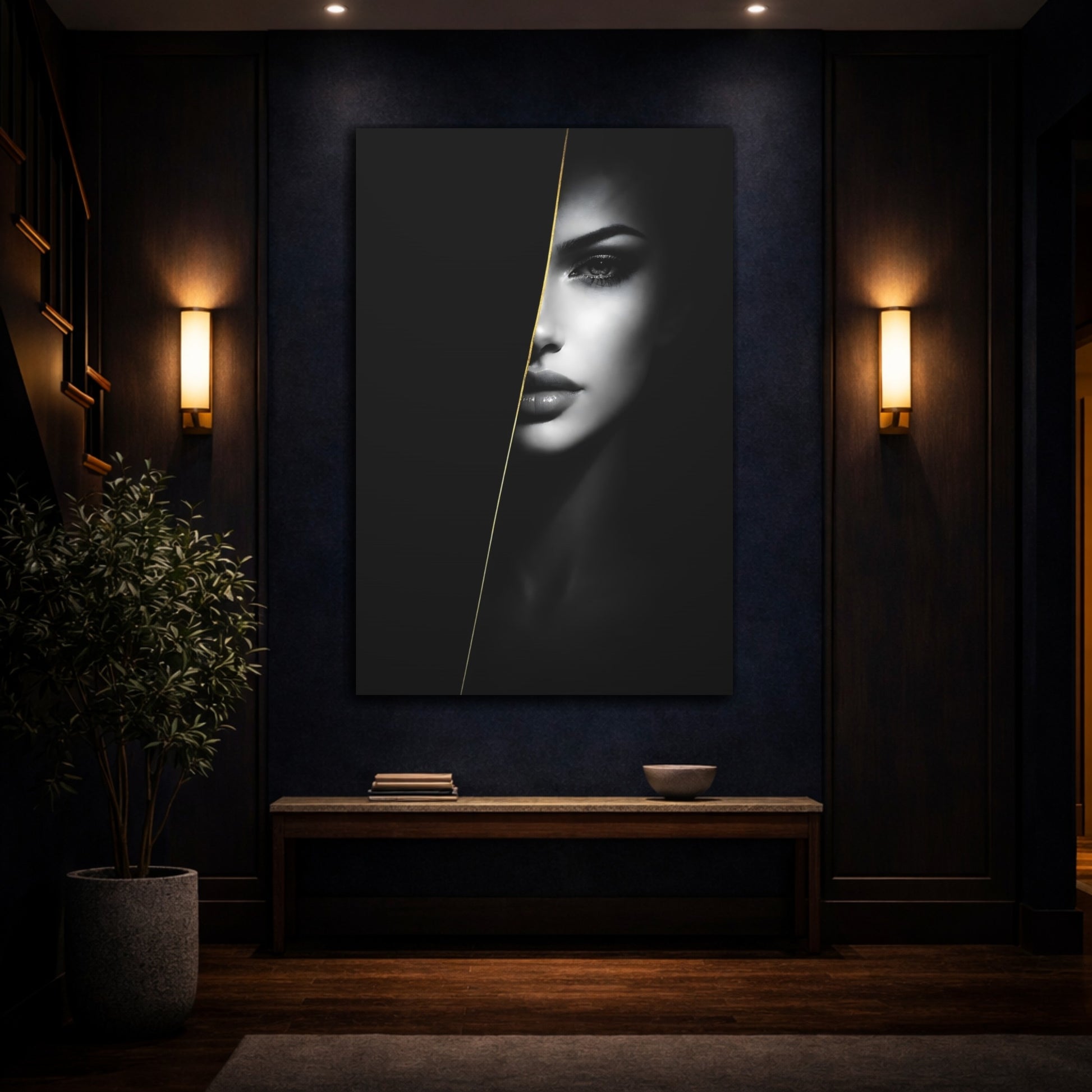 Mockup 4. Abstract Female Face Monochrome Woman Gold shown as stretched canvas wall art