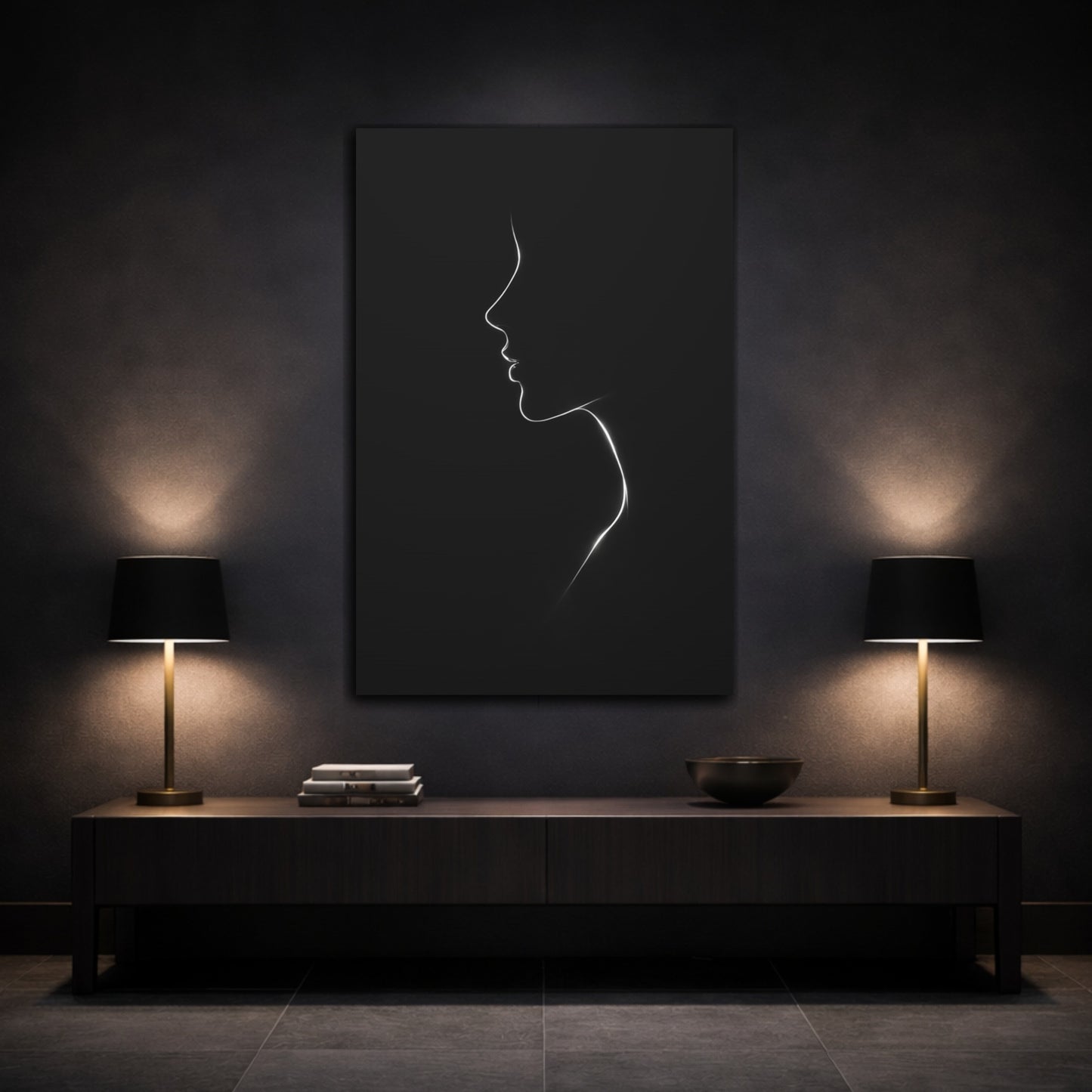 Mockup 2. Abstract Female Profile Black And White shown as stretched canvas wall art