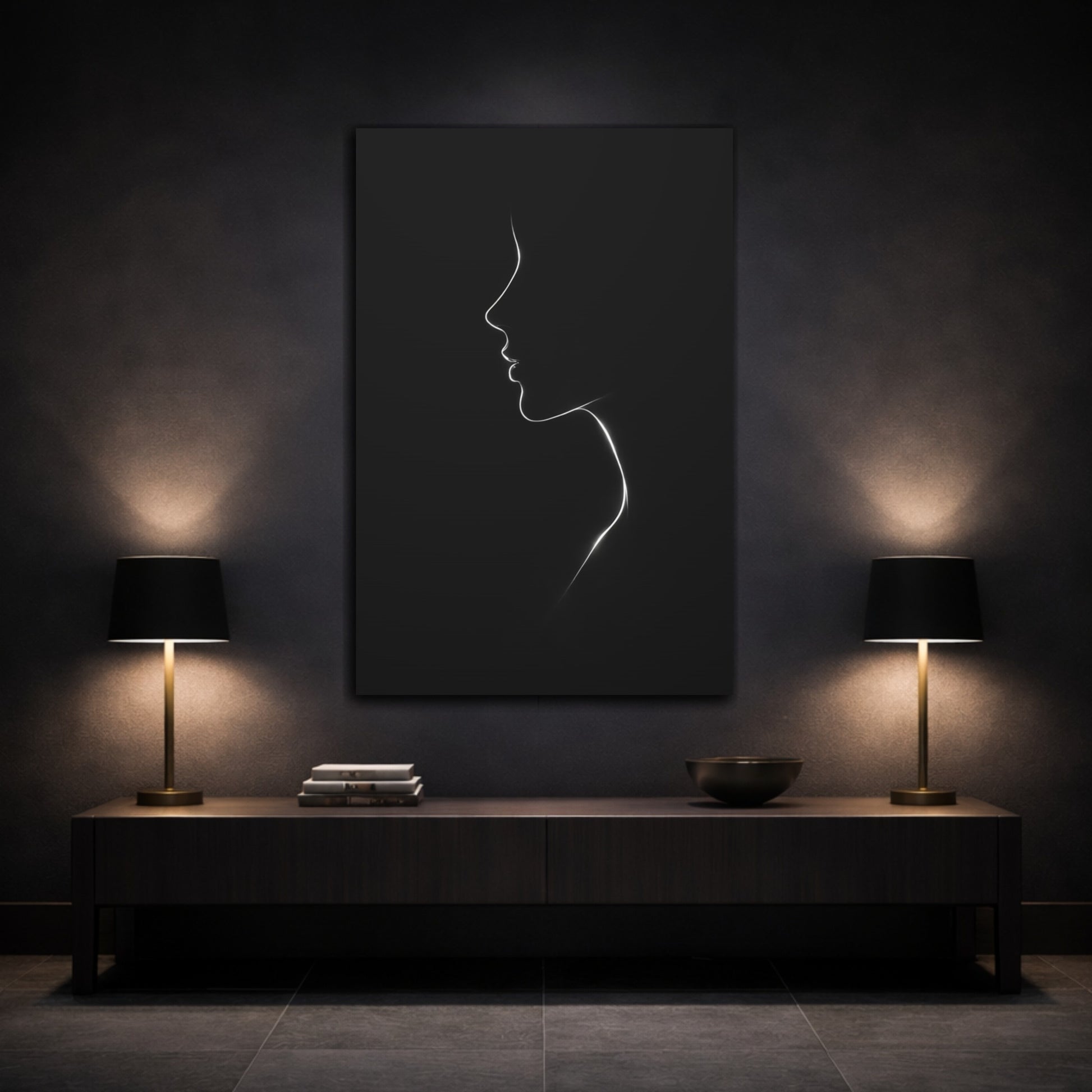 Mockup 2. Abstract Female Profile Black And White shown as stretched canvas wall art