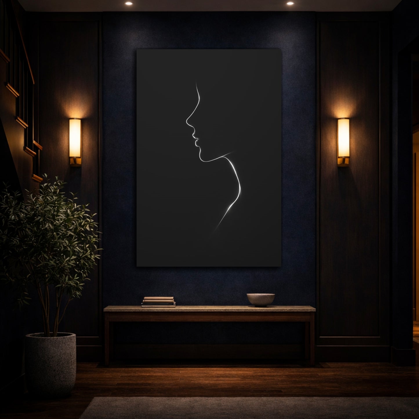 Mockup 4. Abstract Female Profile Black And White shown as stretched canvas wall art