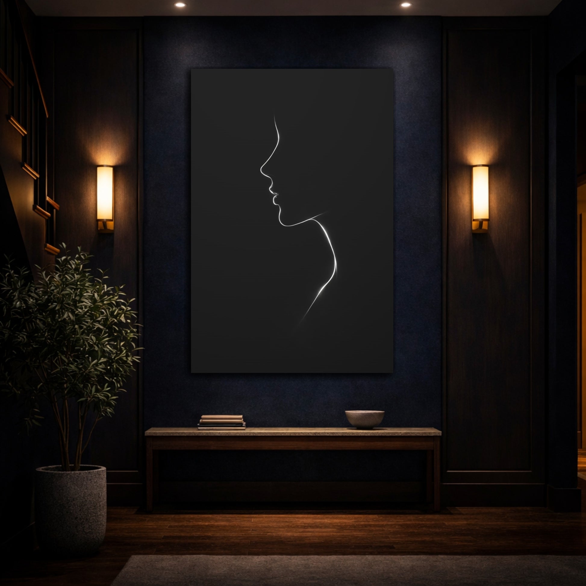 Mockup 4. Abstract Female Profile Black And White shown as stretched canvas wall art