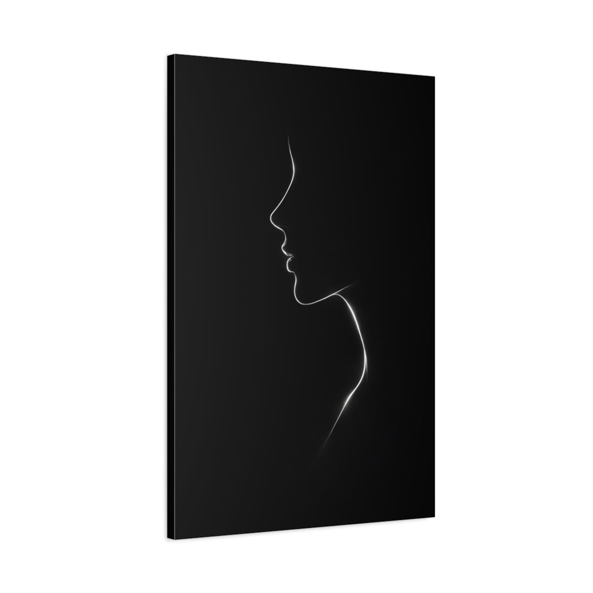 Side Mockup 1. Abstract Female Profile Black And White shown as stretched canvas wall art
