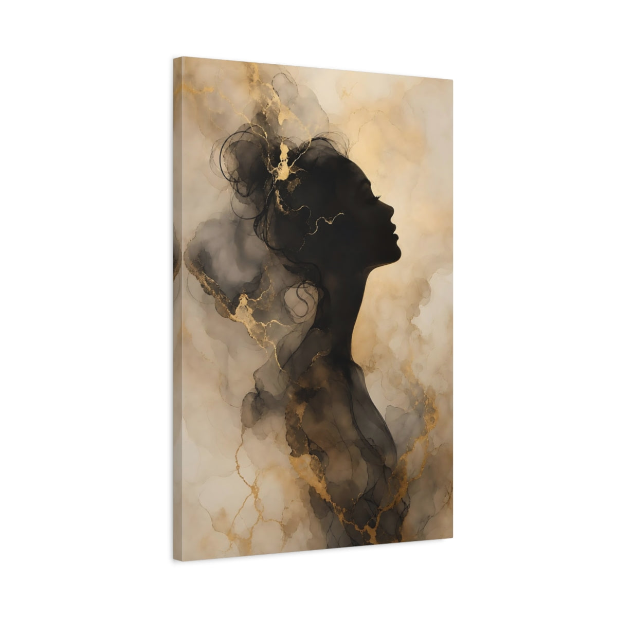 Side Mockup 2. Abstract Female Silhouette Black And Gold shown as stretched canvas wall art