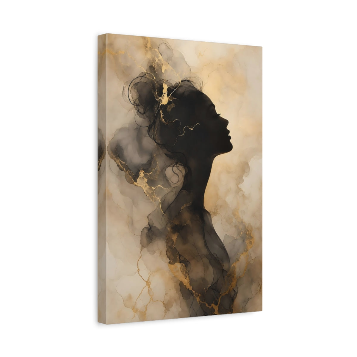Side Mockup 4. Abstract Female Silhouette Black And Gold shown as stretched canvas wall art