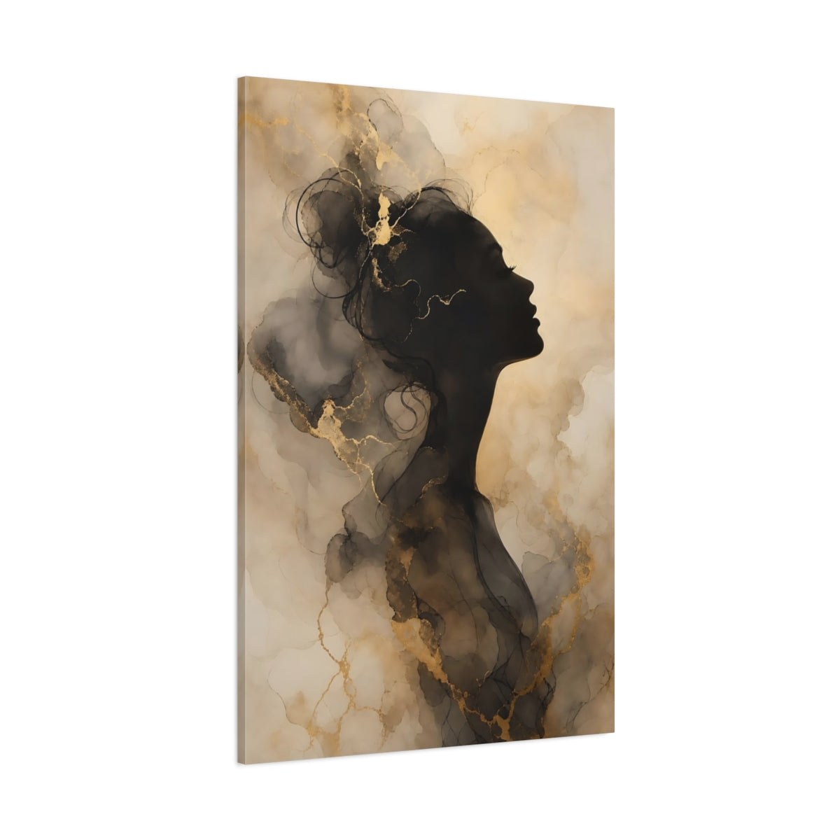 Side Mockup 1. Abstract Female Silhouette Black And Gold shown as stretched canvas wall art