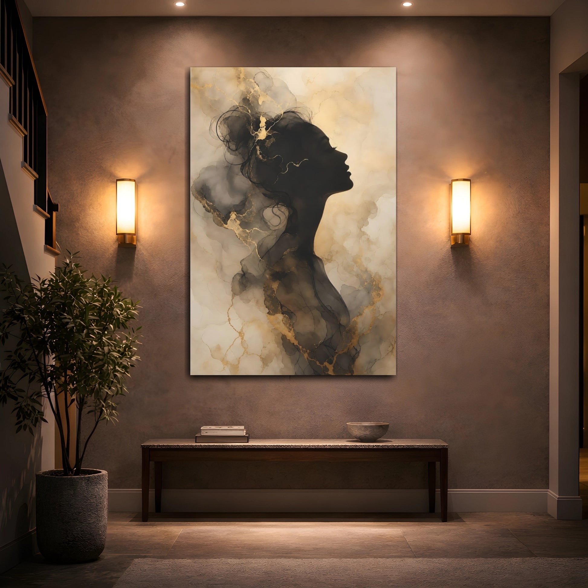 Mockup 2. Abstract Female Silhouette Black And Gold shown as stretched canvas wall art
