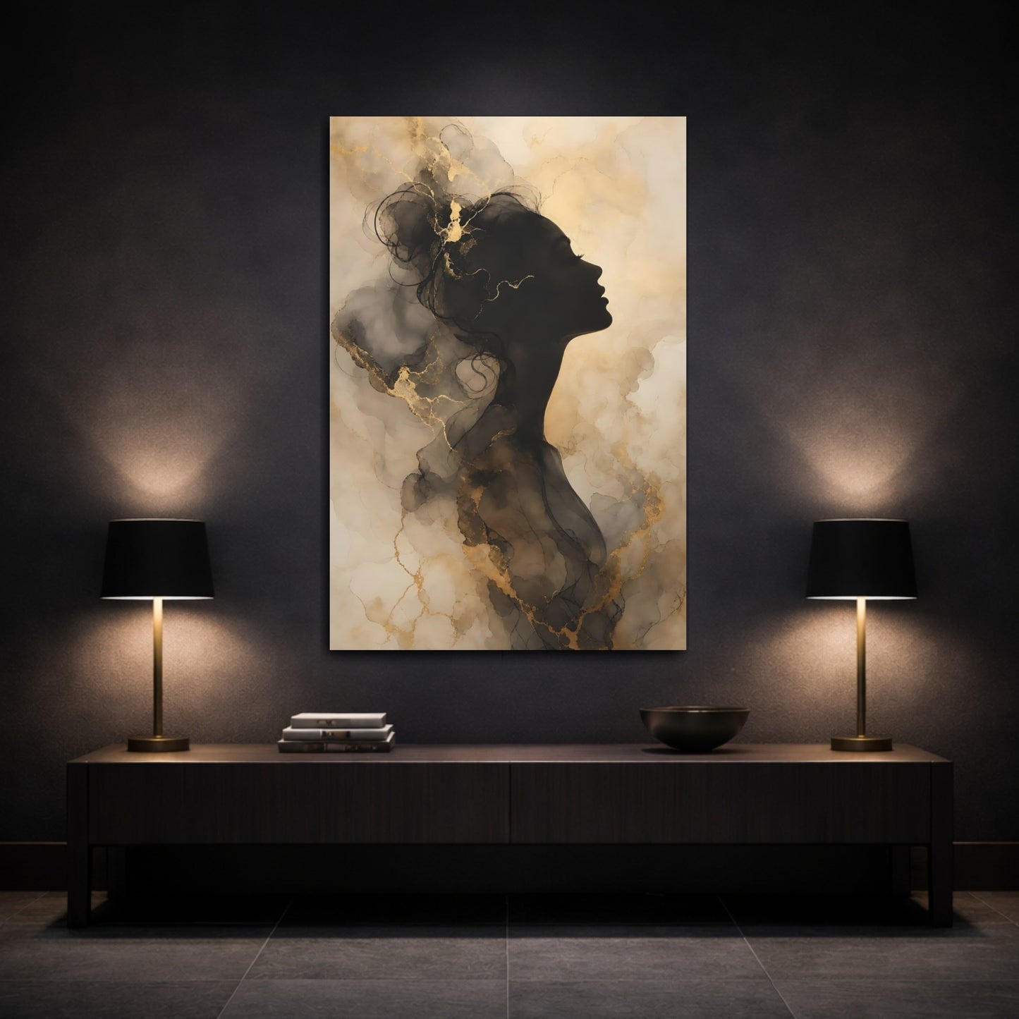 Mockup 3. Abstract Female Silhouette Black And Gold shown as stretched canvas wall art