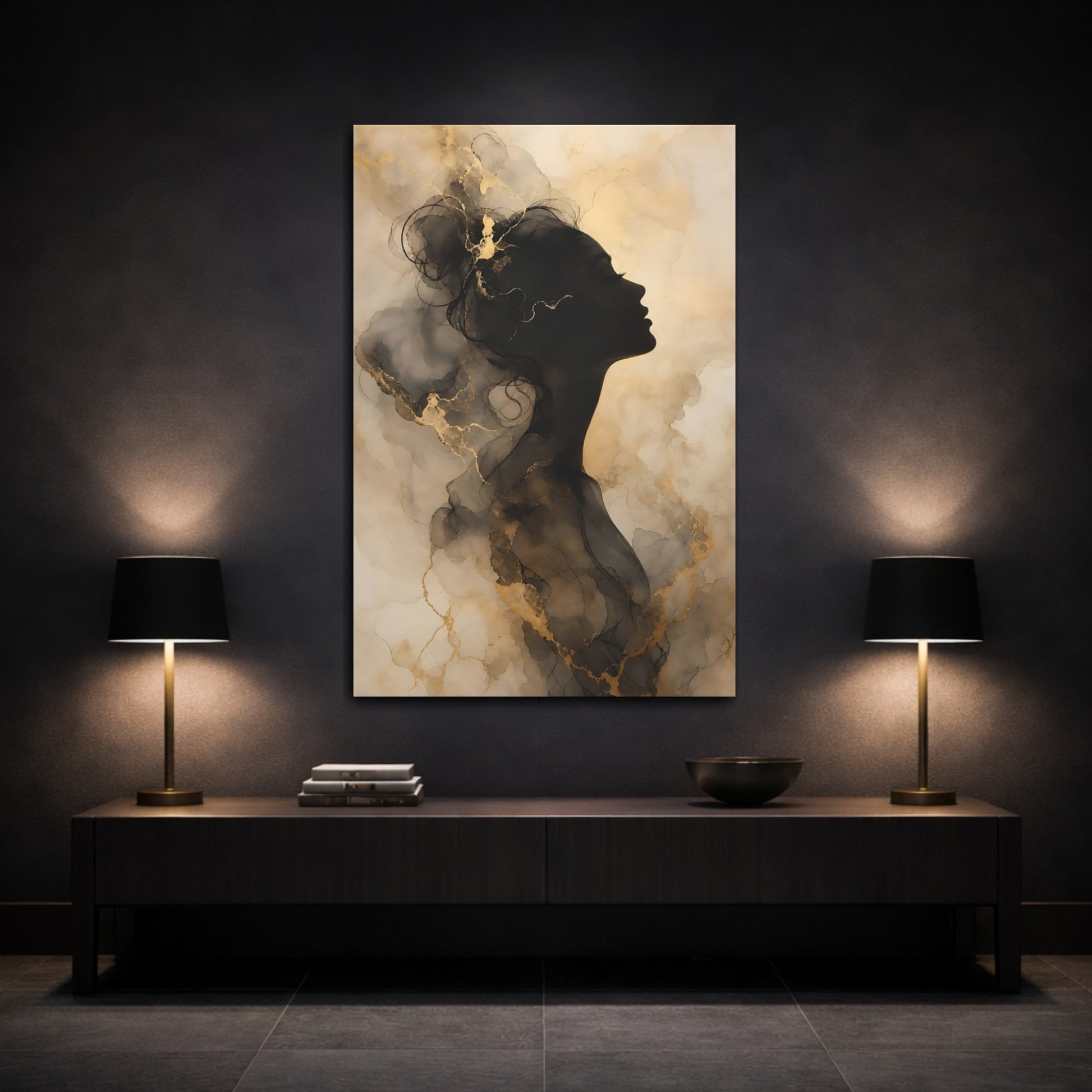 Mockup 3. Abstract Female Silhouette Black And Gold shown as stretched canvas wall art