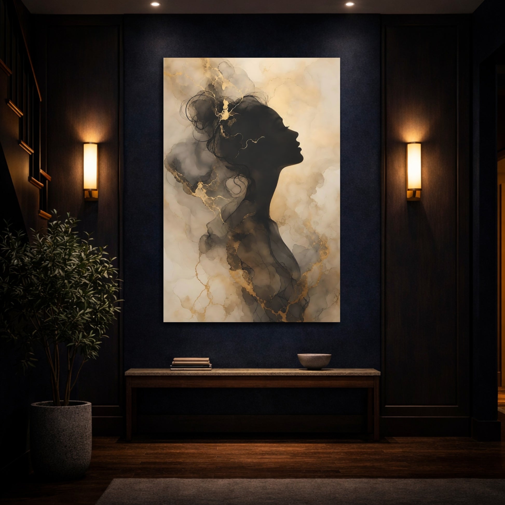 Mockup 4. Abstract Female Silhouette Black And Gold shown as stretched canvas wall art